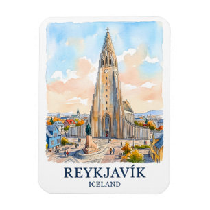 Reykjavik Iceland Church Watercolor Skyline Travel Magnet