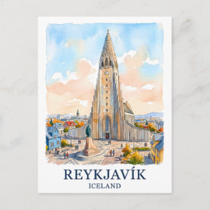 Reykjavik Iceland Church Watercolor Skyline Travel Postcard