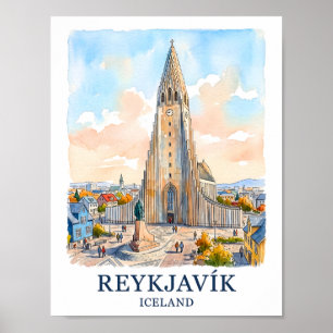 Reykjavik Iceland Church Watercolor Skyline Travel Poster