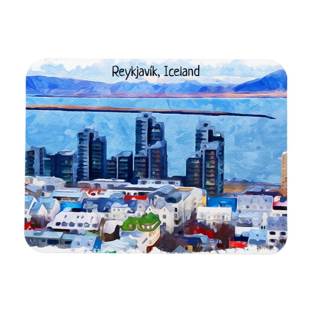 Reykjavík Iceland City View Watercolor Magnet (Horizontal)