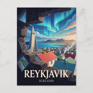 Reykjavik Iceland Northern Lights Travel Postcard