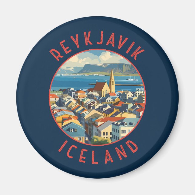 Reykjavík Iceland Retro Distressed Circle Magnet (Front)