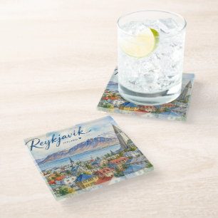 Reykjavik Iceland souvenir watercolor Glass Coaster