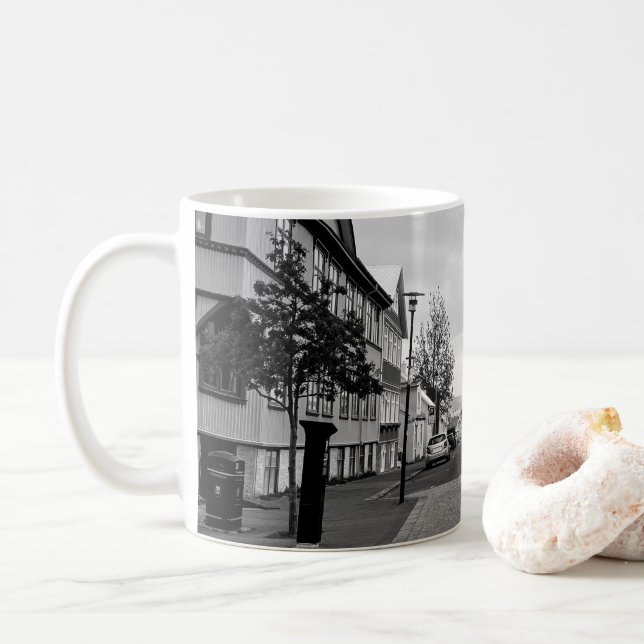 Reykjavik Iceland Street Scene Black and White  Coffee Mug (With Donut)