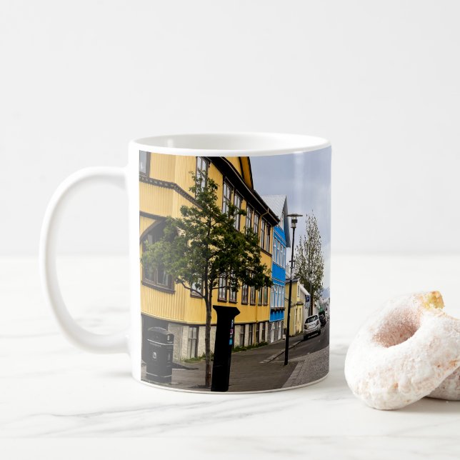 Reykjavik Iceland Street Scene Mountain Photo Coffee Mug (With Donut)