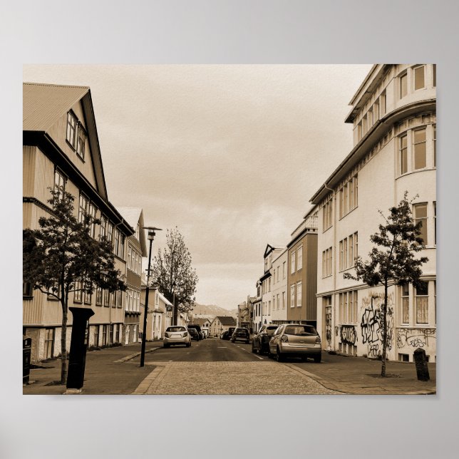 Reykjavik Iceland Street Scene Sepia Poster (Front)