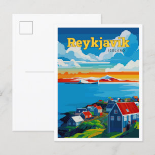 Reykjavik Iceland Travel Art Vintage Illustration Postcard