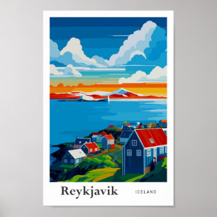 Reykjavik Iceland Travel Art Vintage Illustration Poster