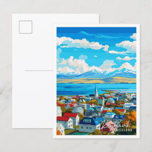 Reykjavik Iceland vintage travel illustration Postcard