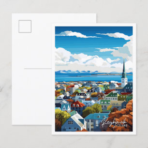 Reykjavik Iceland vintage travel illustration Postcard