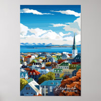 Reykjavik Iceland vintage travel illustration