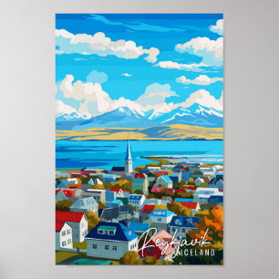 Reykjavik Iceland vintage travel illustration Poster