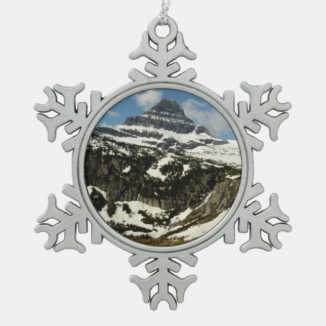 Reynolds Mountain from Logan Pass at Glacier Park Snowflake Pewter Christmas Ornament (Front)