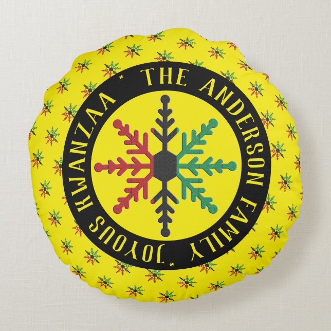 RGB Snowflakes Pattern Add Name Joyous Kwanzaa Round Cushion (Back)