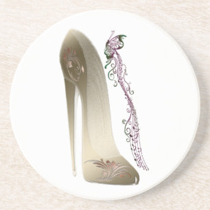 Rhapsody in Gold Stiletto and Butterfly Music Art Coaster