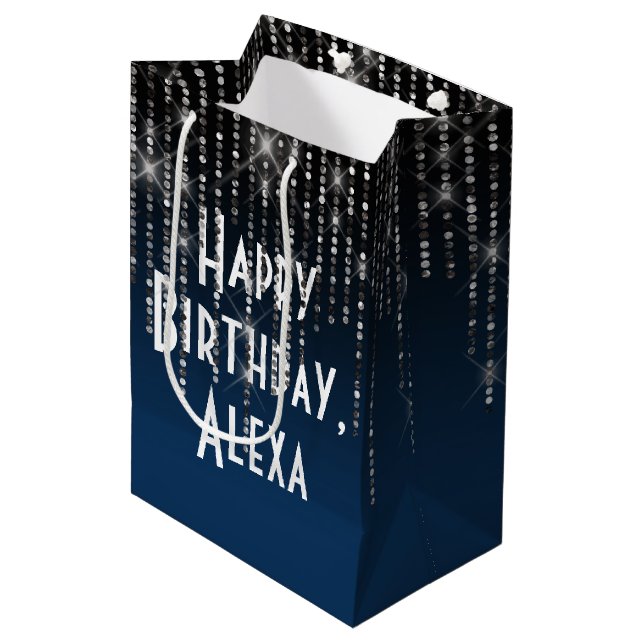 Rhinestone Bling Birthday and Name Medium Gift Bag (Front Angled)