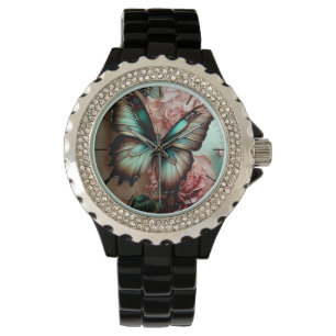 Rhinestone butterfly and flowers watch