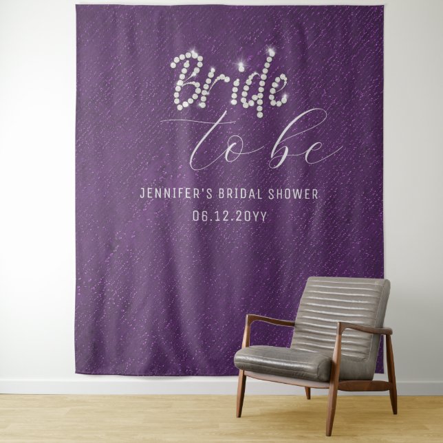 Rhinestone Script Purple Bridal Shower Backdrop Tapestry (In Situ)