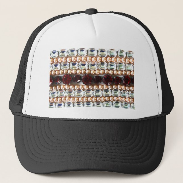 Rhinestones and pearls - vintage jewellery trucker hat (Front)