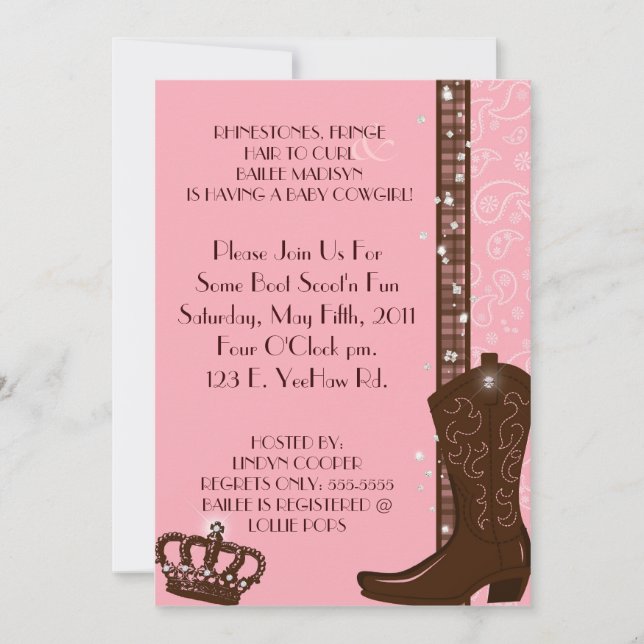 RHINESTONES, FRINGE & PINK COWGIRLS Invitation (Front)