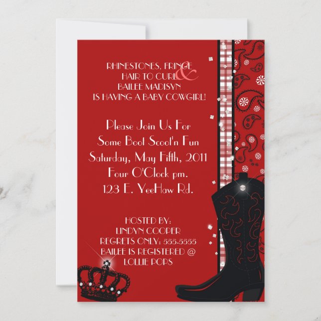 RHINESTONES, FRINGE & RED COWGIRLS Invitation (Front)