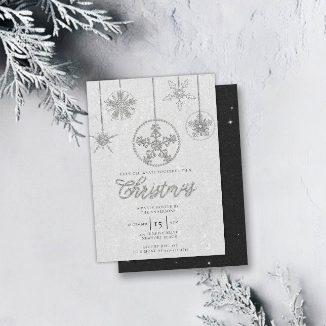 Rhinestones Glitter Elegant Winter Bling Christmas Invitation (rhinestones glitter christmas party invitation baubles snowflakes formal black white elegant family)
