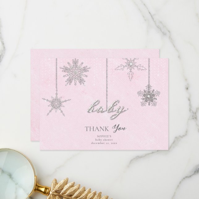 Rhinestones Glitter Snowflakes Pink Winter Baby Thank You Card (Front/Back In Situ)