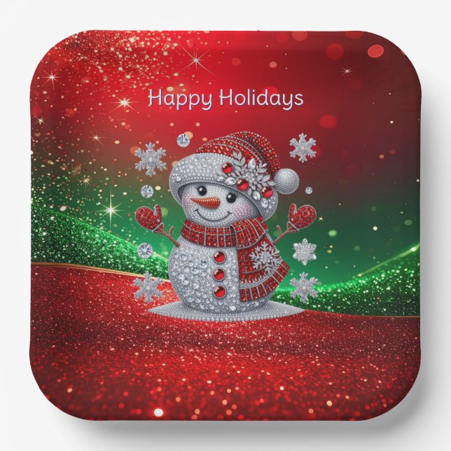 Rhinestones Snowman Holiday Paper Plate (Front)