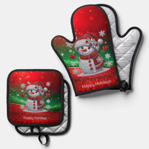 Rhinestones Snowman Oven Mitt & Pot Holder Set