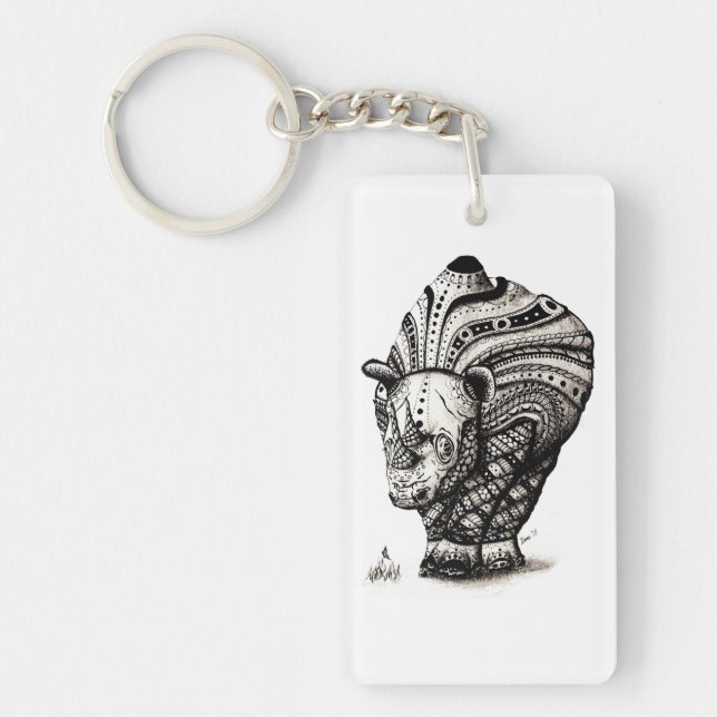 Rhino and butterfly pattern tribal keychain (Front)