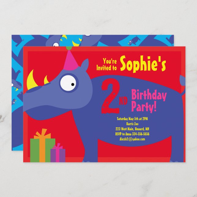 Rhino Animal Kid's Birthday Party Invitations (Front/Back)
