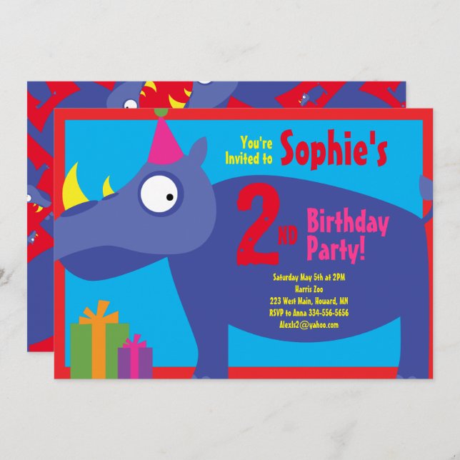 Rhino Animal Kid's Birthday Party Invitations (Front/Back)