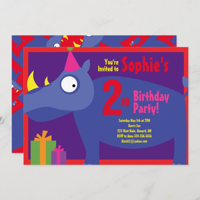 Rhino Animal Kid's Birthday Party Invitations (Front/Back)