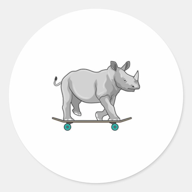 Rhino as Skater with Skateboard Classic Round Sticker (Front)