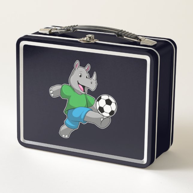 Rhino as Soccer player with Soccer Metal Lunch Box (Front)