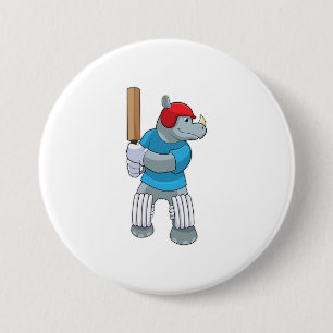 Rhino at Cricket with Cricket bat 7.5 Cm Round Badge