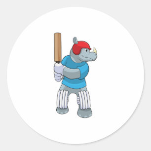 Rhino at Cricket with Cricket bat Classic Round Sticker