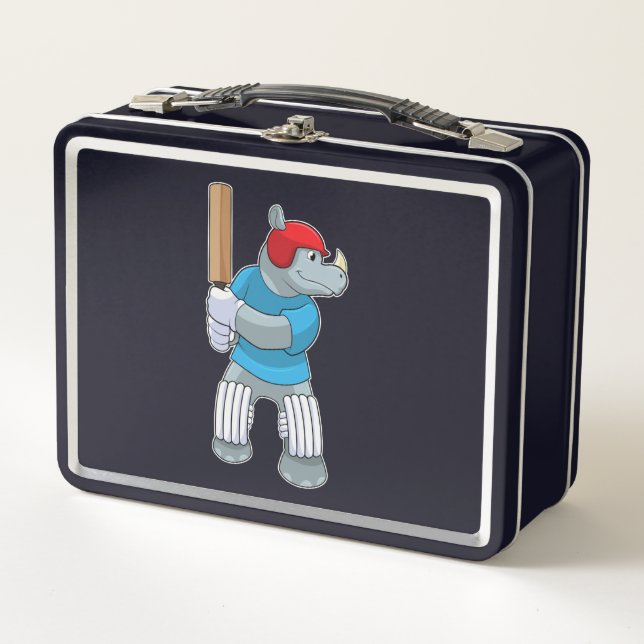Rhino at Cricket with Cricket bat Metal Lunch Box (Front)