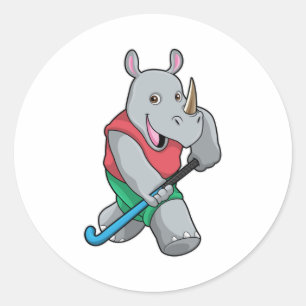 Rhino at Hockey with Hockey bat Classic Round Sticker