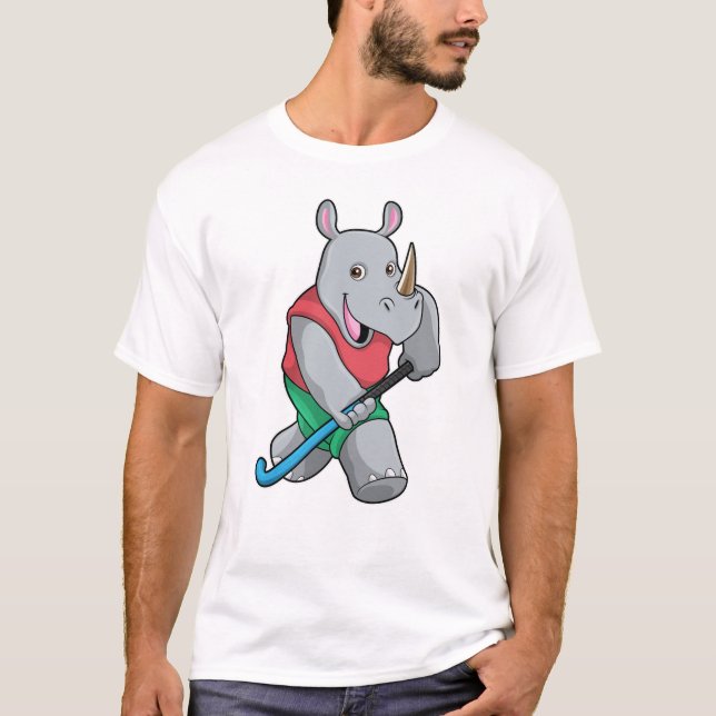Rhino at Hockey with Hockey bat T-Shirt (Front)