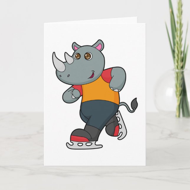 Rhino at Ice skating with Ice skates Card (Front)
