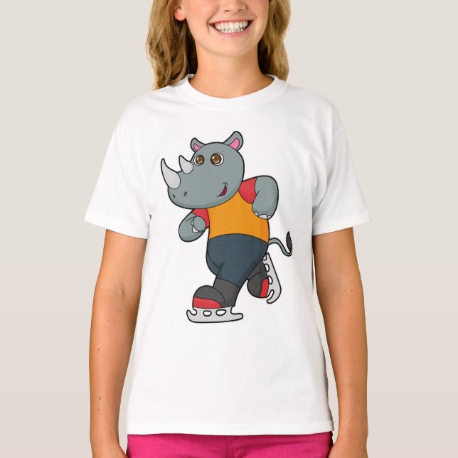 Rhino at Ice skating with Ice skates T-Shirt (Front)