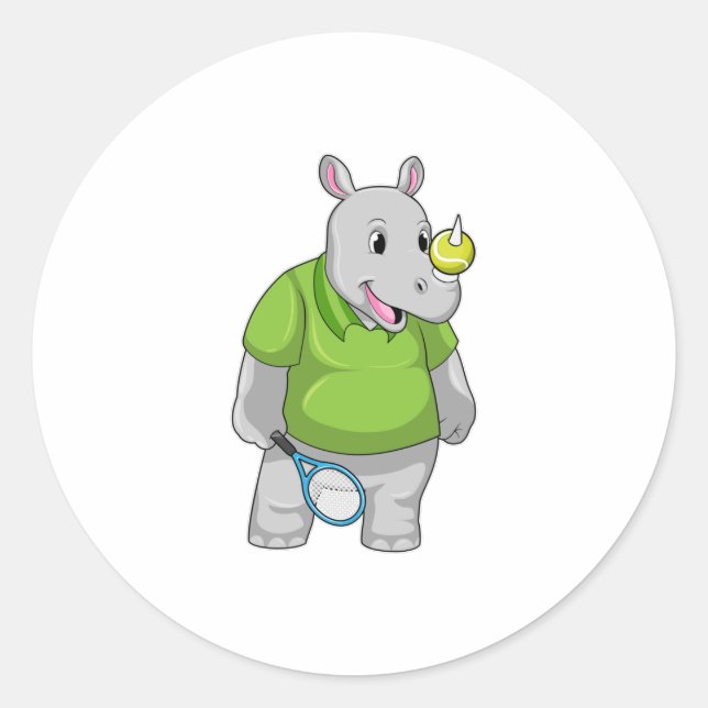 Rhino at Tennis with Tennis ball Classic Round Sticker (Front)