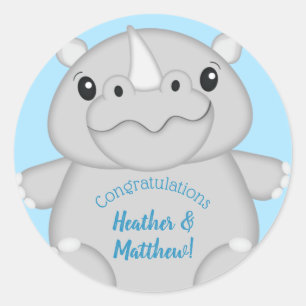Rhino Baby Shower Blue Classic Round Sticker