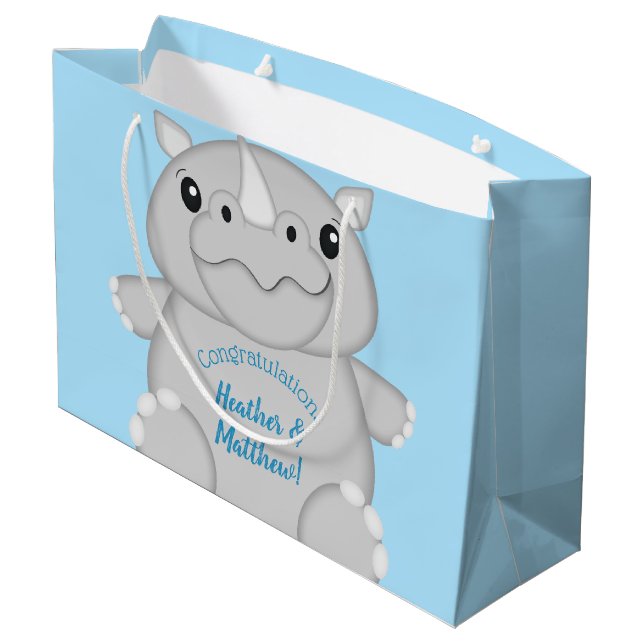 Rhino Baby Shower Blue Large Gift Bag (Back Angled)