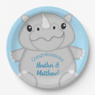 Rhino Baby Shower Blue Paper Plate