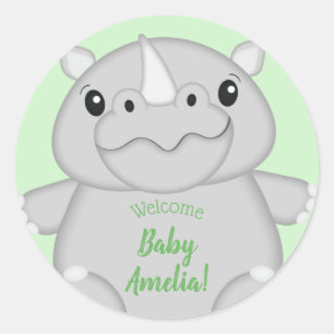 Rhino Baby Shower Green Classic Round Sticker