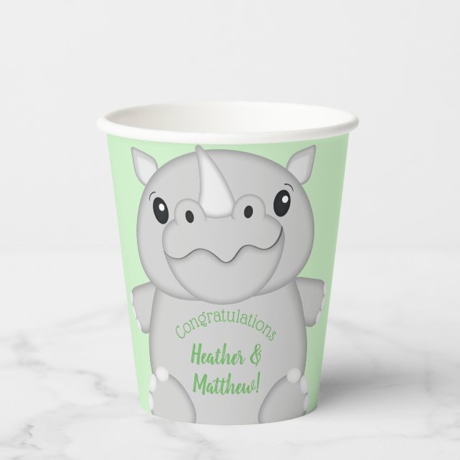 Rhino Baby Shower Green Paper Cups (Front)