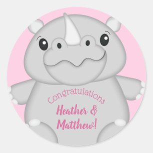 Rhino Baby Shower Pink Classic Round Sticker