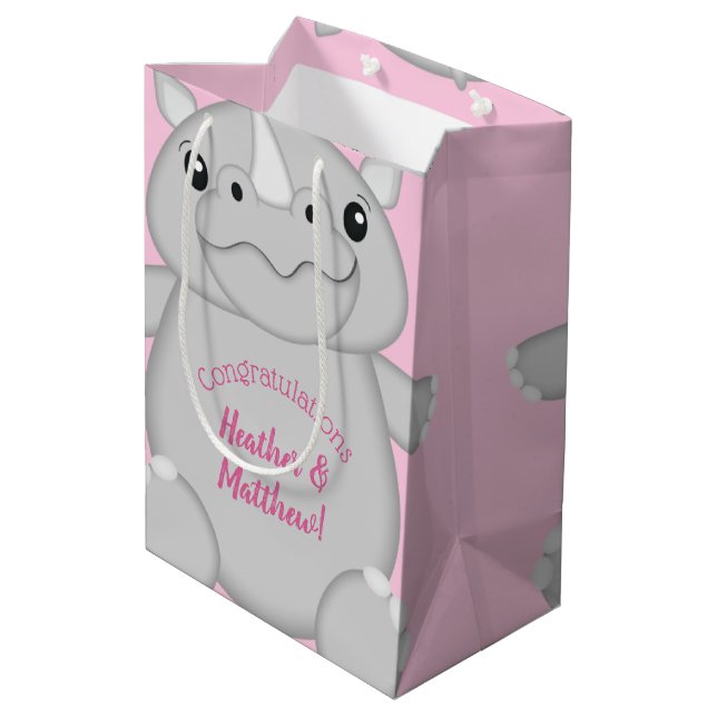Rhino Baby Shower Pink Medium Gift Bag (Back Angled)